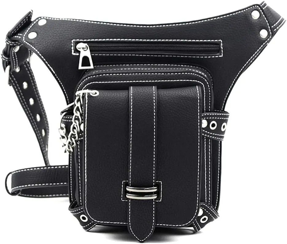 Steampunk Crossbody Leather Waist Leg Bag for Women, Black Punk Rock Motorcycle Bag Goth Shoulder Packs Thigh Hip Holster Purse Punch Party Bag