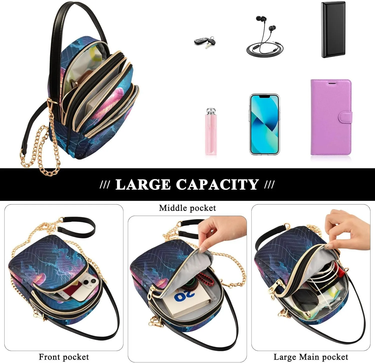 Strawberry in Red on Pink Women’s Crossbody, Crossbody Purses for Women Trendy, Three Zipper Crossbody Bags for Women