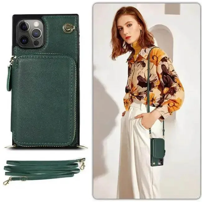 Stylish Turquoise Zipper Wallet Case with Crossbody Strap