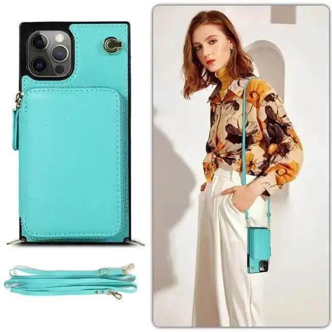 Stylish Turquoise Zipper Wallet Case with Crossbody Strap