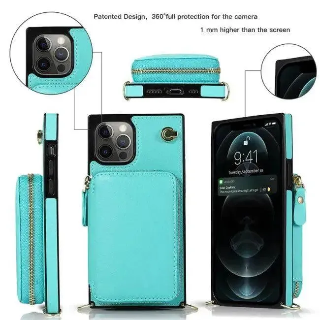 Stylish Turquoise Zipper Wallet Case with Crossbody Strap