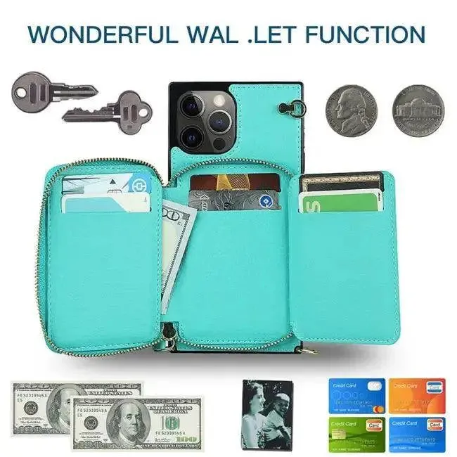 Stylish Turquoise Zipper Wallet Case with Crossbody Strap