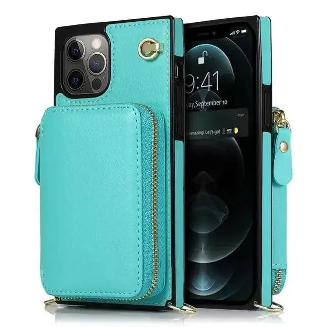 Stylish Turquoise Zipper Wallet Case with Crossbody Strap