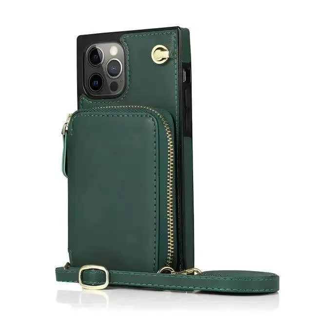 Stylish Turquoise Zipper Wallet Case with Crossbody Strap