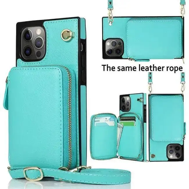 Stylish Turquoise Zipper Wallet Case with Crossbody Strap