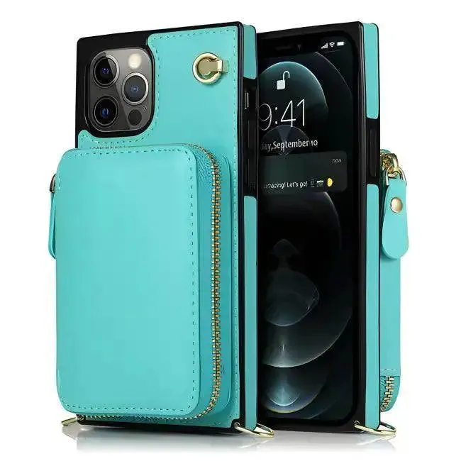 Stylish Turquoise Zipper Wallet Case with Crossbody Strap
