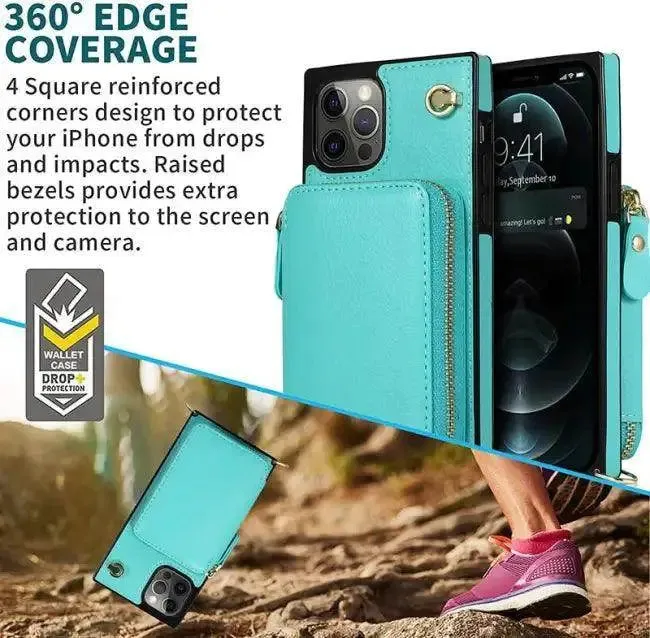 Stylish Turquoise Zipper Wallet Case with Crossbody Strap
