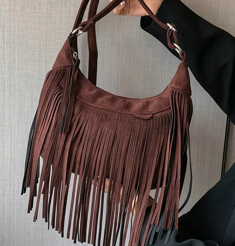 Suede Fringe Crossbody Bag for Women Ladies Stylish Leather Shoulder Bag Purse Handbag Fall Winter Spring 2024