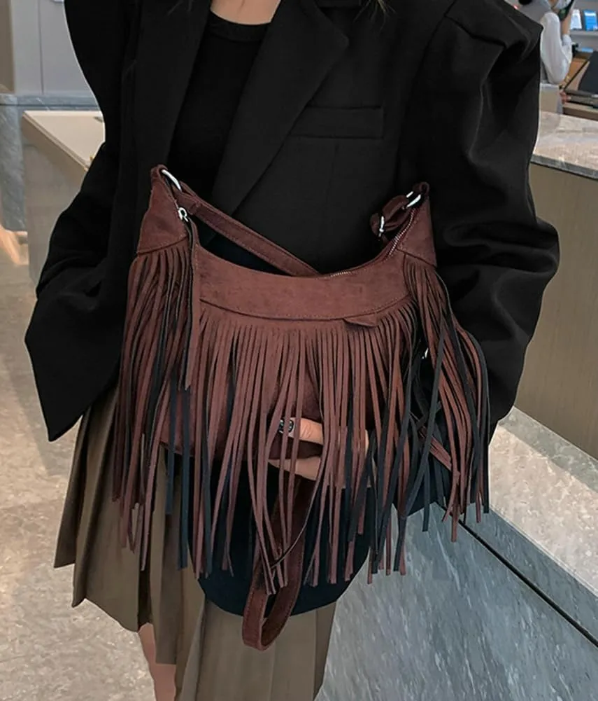 Suede Fringe Crossbody Bag for Women Ladies Stylish Leather Shoulder Bag Purse Handbag Fall Winter Spring 2024