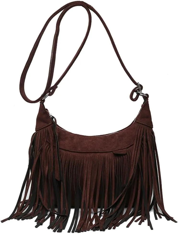 Suede Fringe Crossbody Bag for Women Ladies Stylish Leather Shoulder Bag Purse Handbag Fall Winter Spring 2024