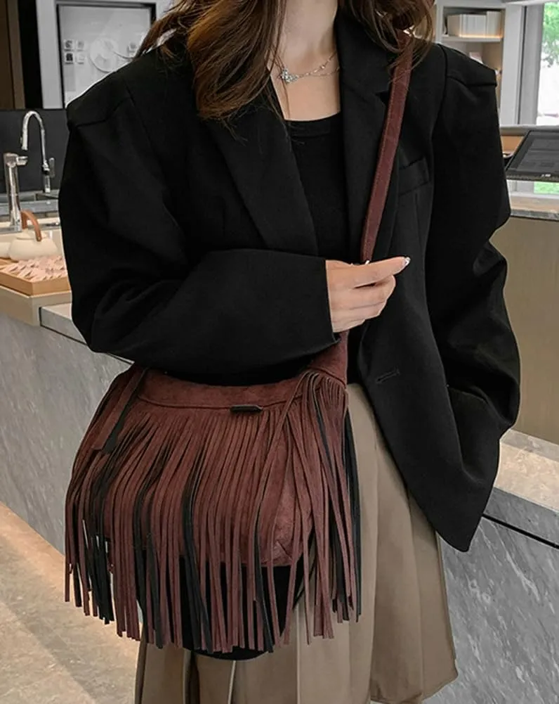 Suede Fringe Crossbody Bag for Women Ladies Stylish Leather Shoulder Bag Purse Handbag Fall Winter Spring 2024