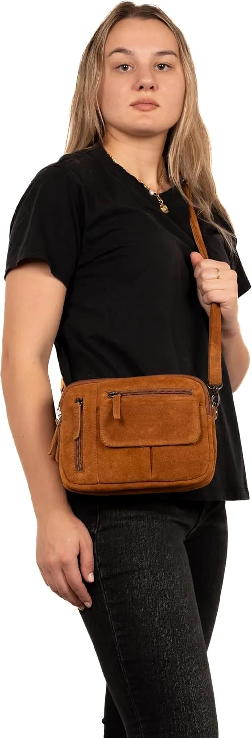 Suede Leather Hadley Compact Handbag for Women with Universal Holster and Locking Zippers