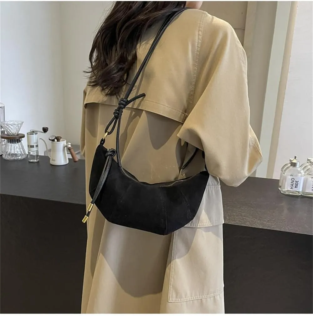 Suede Shoulder Dumpling Bag Retro Suede Sling Crescent Crossbody Bag Y2k Suede Horn Bag Trendy Half Moon Handbag