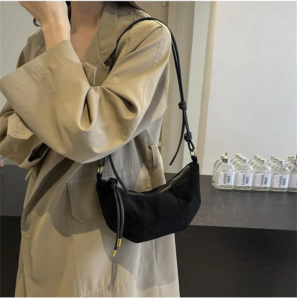 Suede Shoulder Dumpling Bag Retro Suede Sling Crescent Crossbody Bag Y2k Suede Horn Bag Trendy Half Moon Handbag