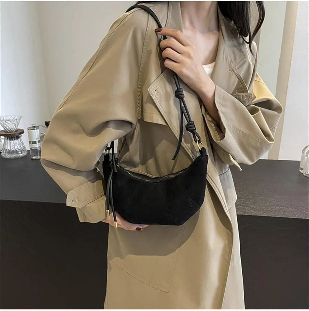 Suede Shoulder Dumpling Bag Retro Suede Sling Crescent Crossbody Bag Y2k Suede Horn Bag Trendy Half Moon Handbag