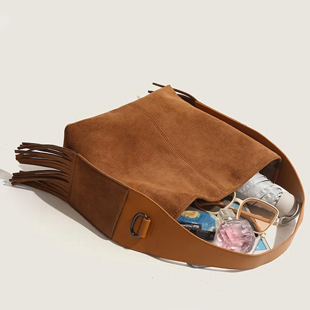 Suede Tote Bag for Women Slouchy Fringe Purse Leather Belt Shoulder Bag Top Handle Tassel Crossbody Purse Bucket Bag