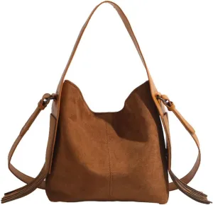 Suede Tote Bag for Women Slouchy Fringe Purse Leather Belt Shoulder Bag Top Handle Tassel Crossbody Purse Bucket Bag