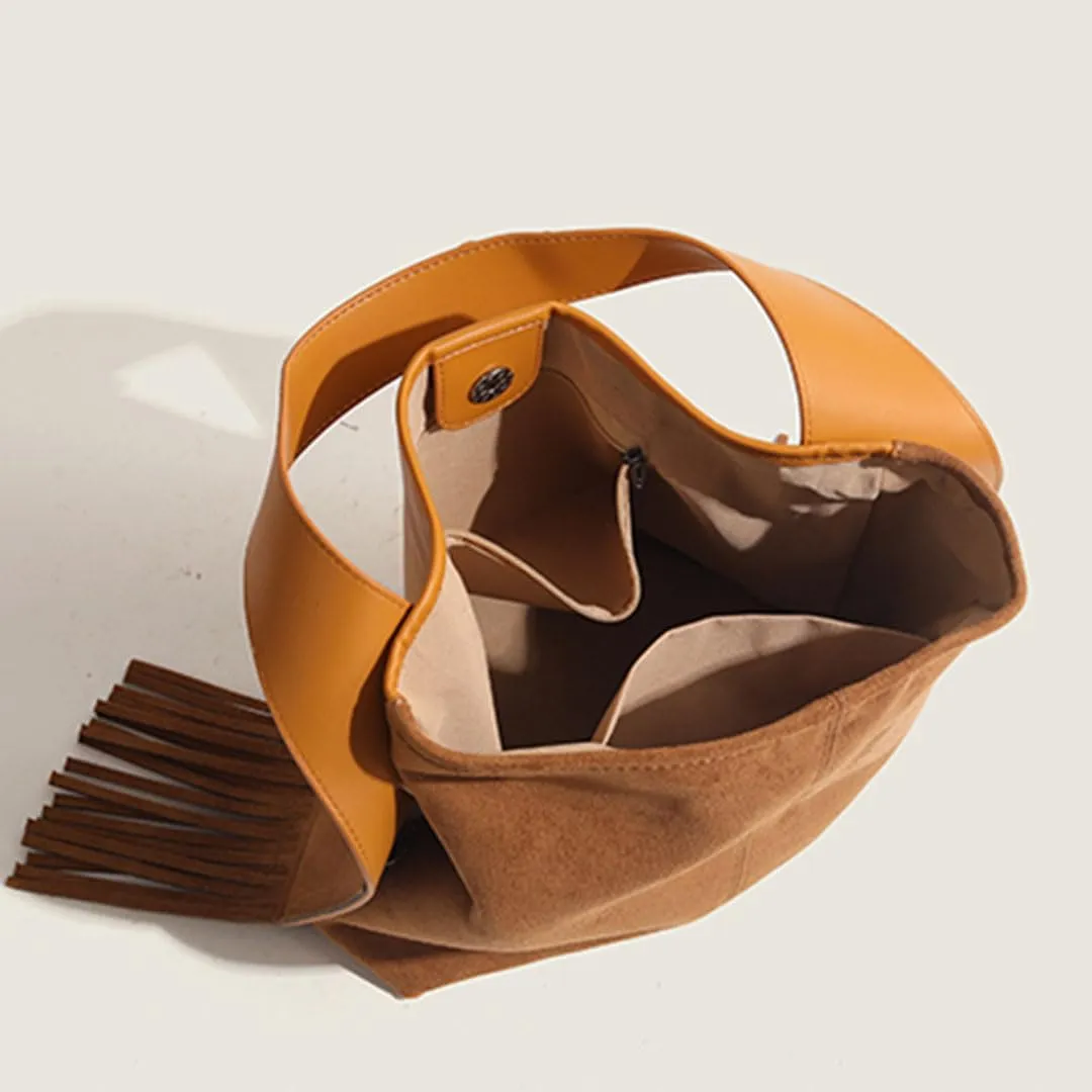 Suede Tote Bag for Women Slouchy Fringe Purse Leather Belt Shoulder Bag Top Handle Tassel Crossbody Purse Bucket Bag