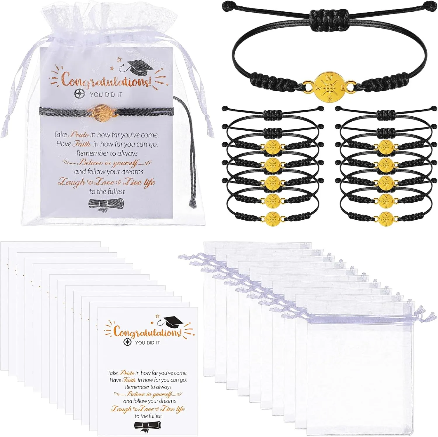 Sureio 60 Pcs 2025 Graduation Bracelet Set 20 Compass Bracelets 20 Graduation Cards 20 Bags Senior Night Gifts