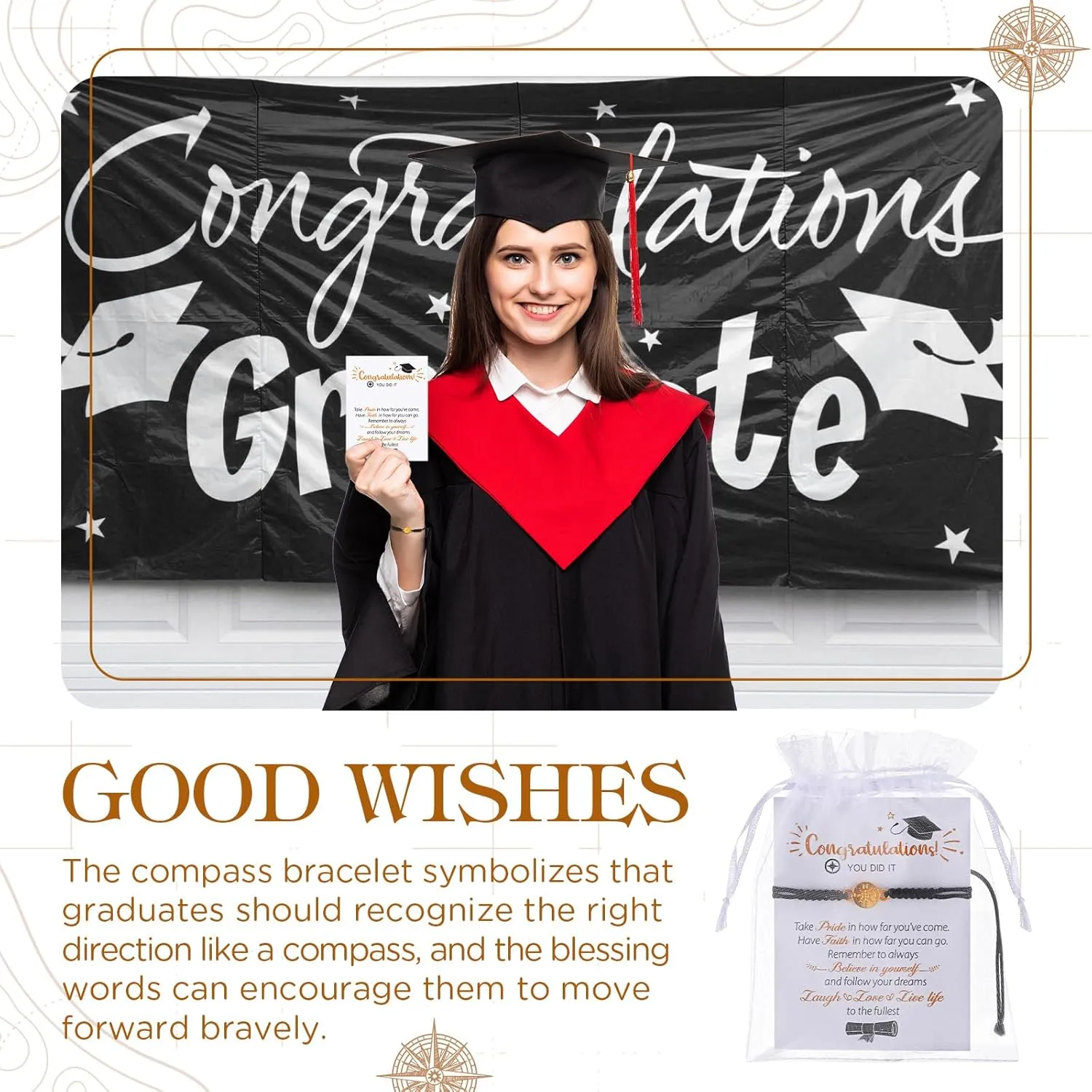 Sureio 60 Pcs 2025 Graduation Bracelet Set 20 Compass Bracelets 20 Graduation Cards 20 Bags Senior Night Gifts