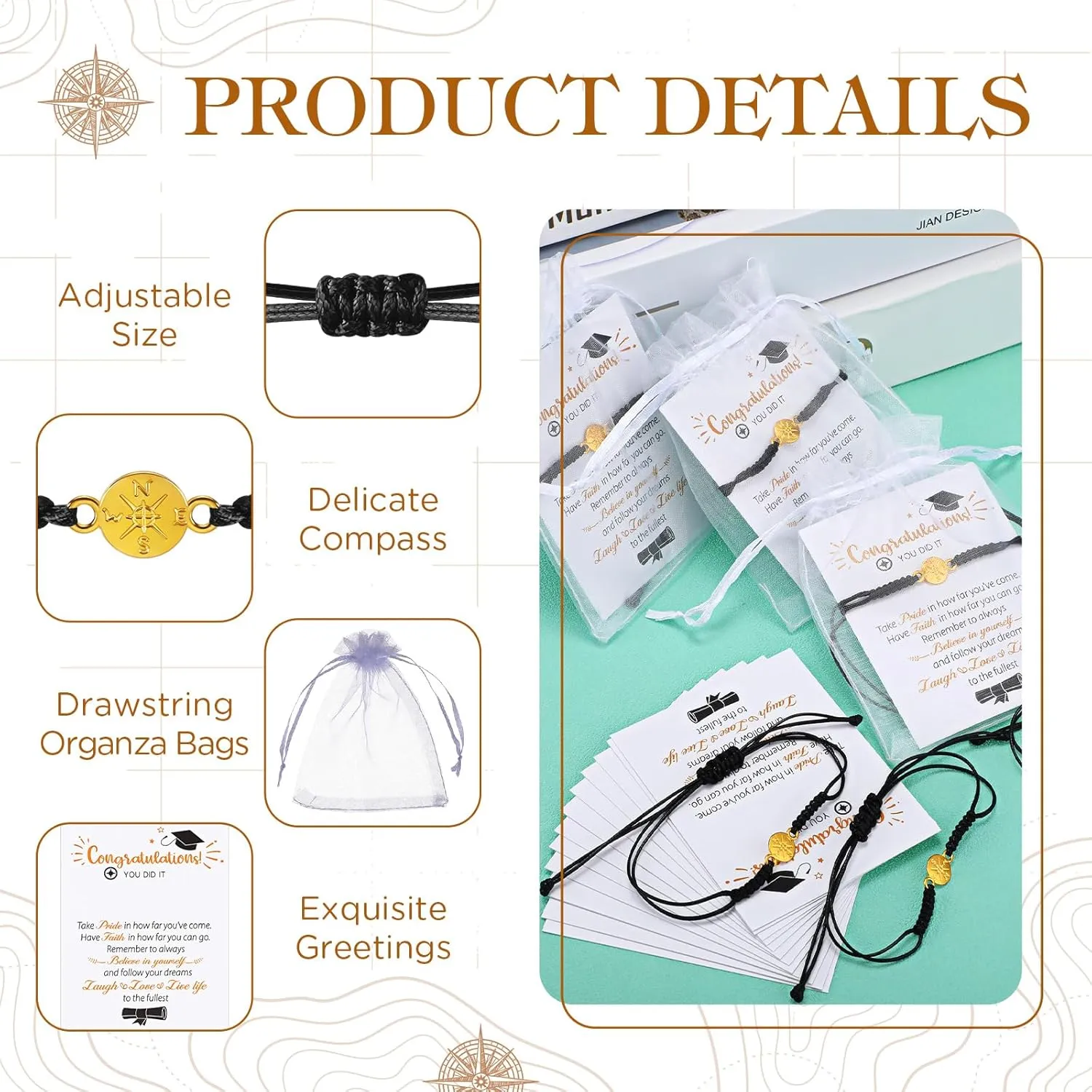 Sureio 60 Pcs 2025 Graduation Bracelet Set 20 Compass Bracelets 20 Graduation Cards 20 Bags Senior Night Gifts