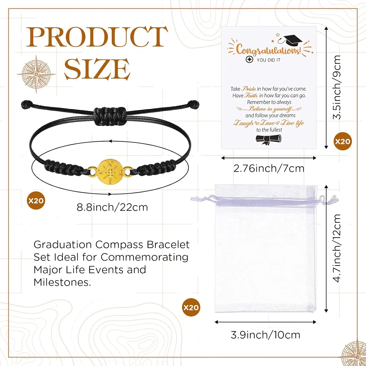 Sureio 60 Pcs 2025 Graduation Bracelet Set 20 Compass Bracelets 20 Graduation Cards 20 Bags Senior Night Gifts