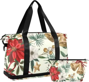 susiyo Christmas Flowers and Bells Duffle Bag for Wet Dry Shoe Pocket Gym Yoga Bag Durable Compression Straps & Handles Weekender Overnight Bag for Travel Sports Women Men