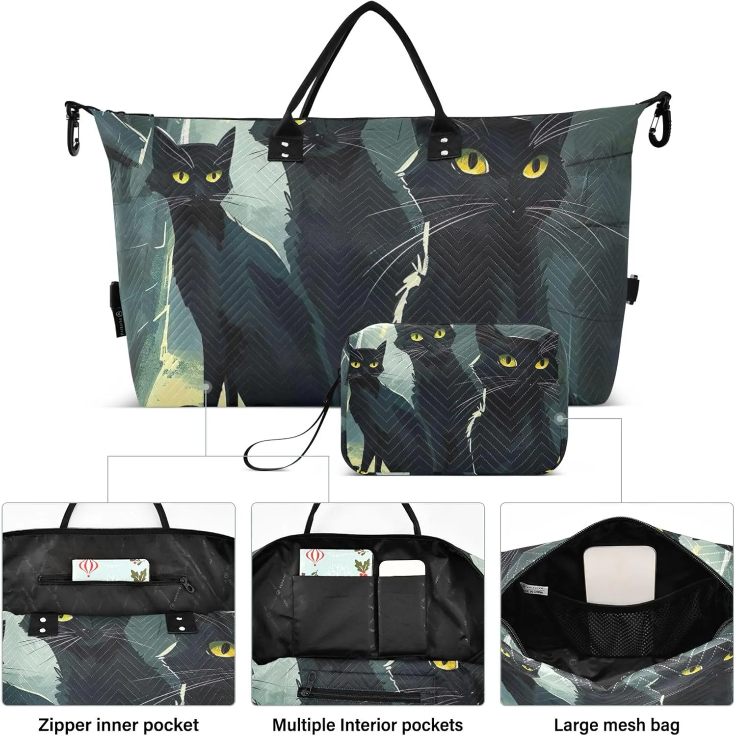 Suspicious Black Cats Duffle Bags Travel Cosmetic Pouch Set of 2, Print Women Sports Bag Overnight Hospital Bag