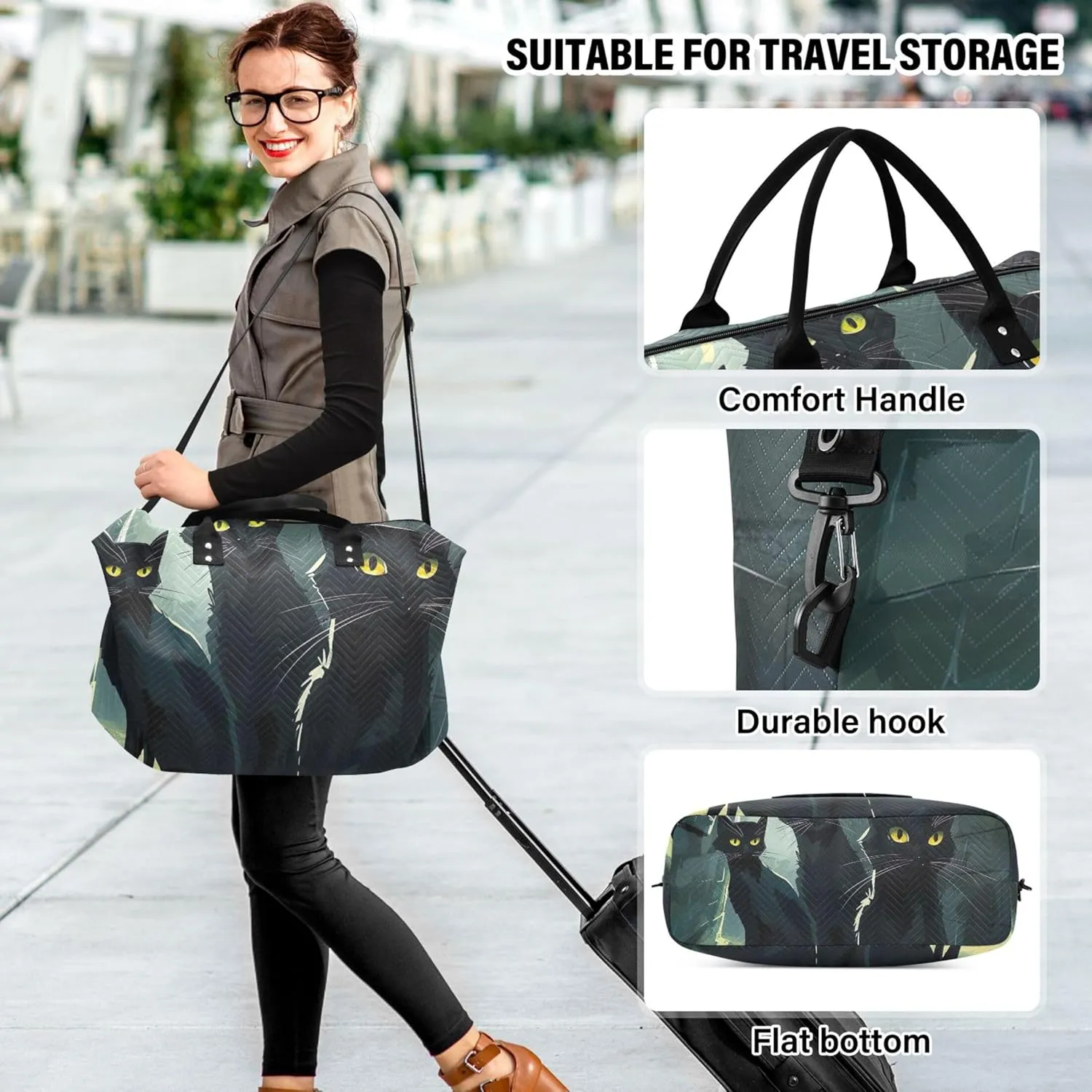 Suspicious Black Cats Duffle Bags Travel Cosmetic Pouch Set of 2, Print Women Sports Bag Overnight Hospital Bag