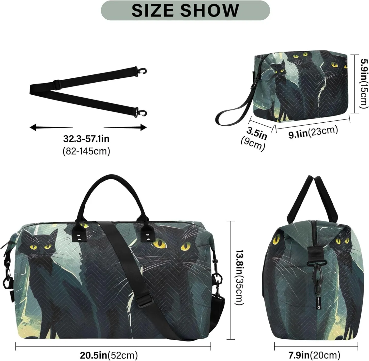 Suspicious Black Cats Duffle Bags Travel Cosmetic Pouch Set of 2, Print Women Sports Bag Overnight Hospital Bag