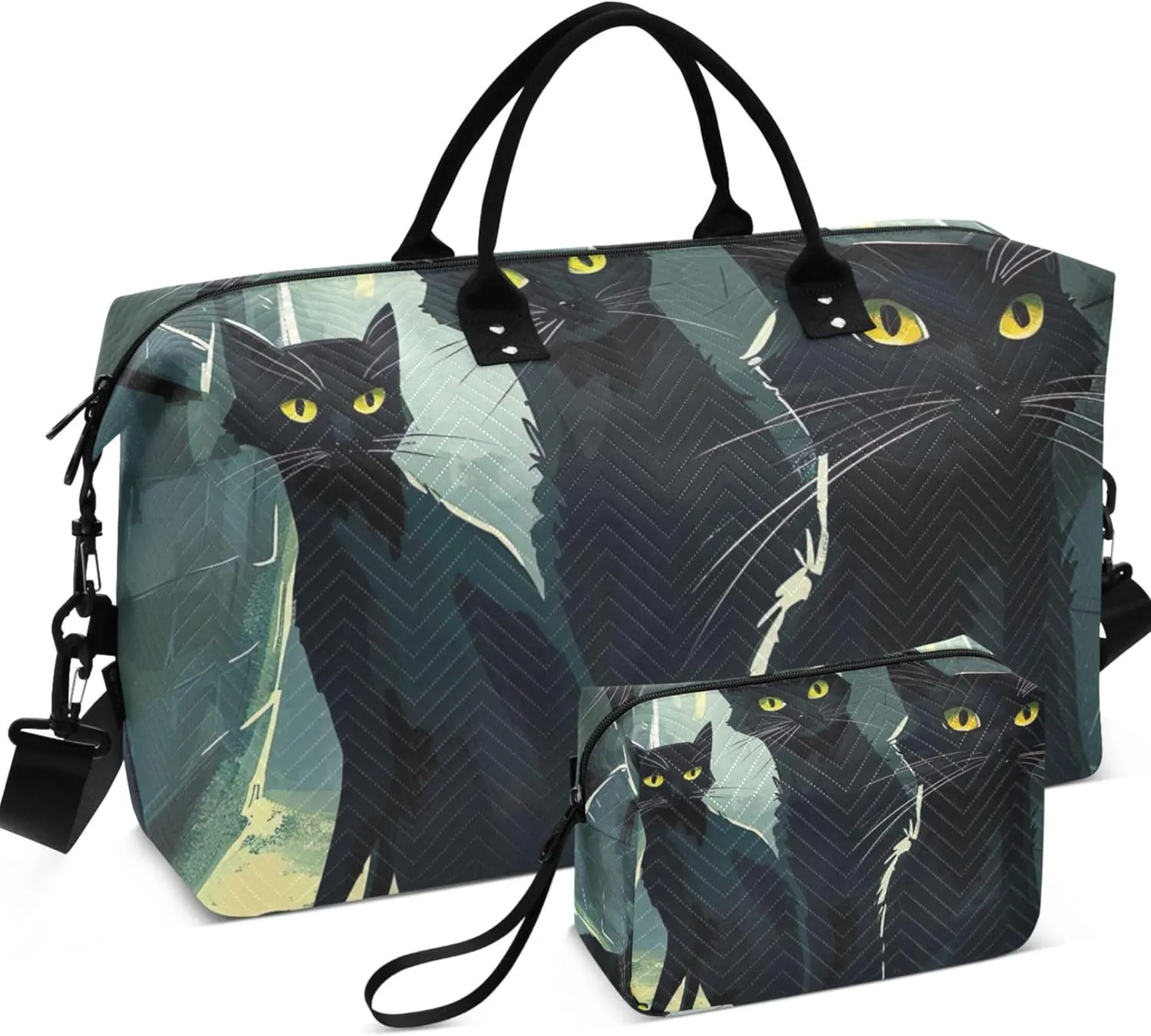 Suspicious Black Cats Duffle Bags Travel Cosmetic Pouch Set of 2, Print Women Sports Bag Overnight Hospital Bag