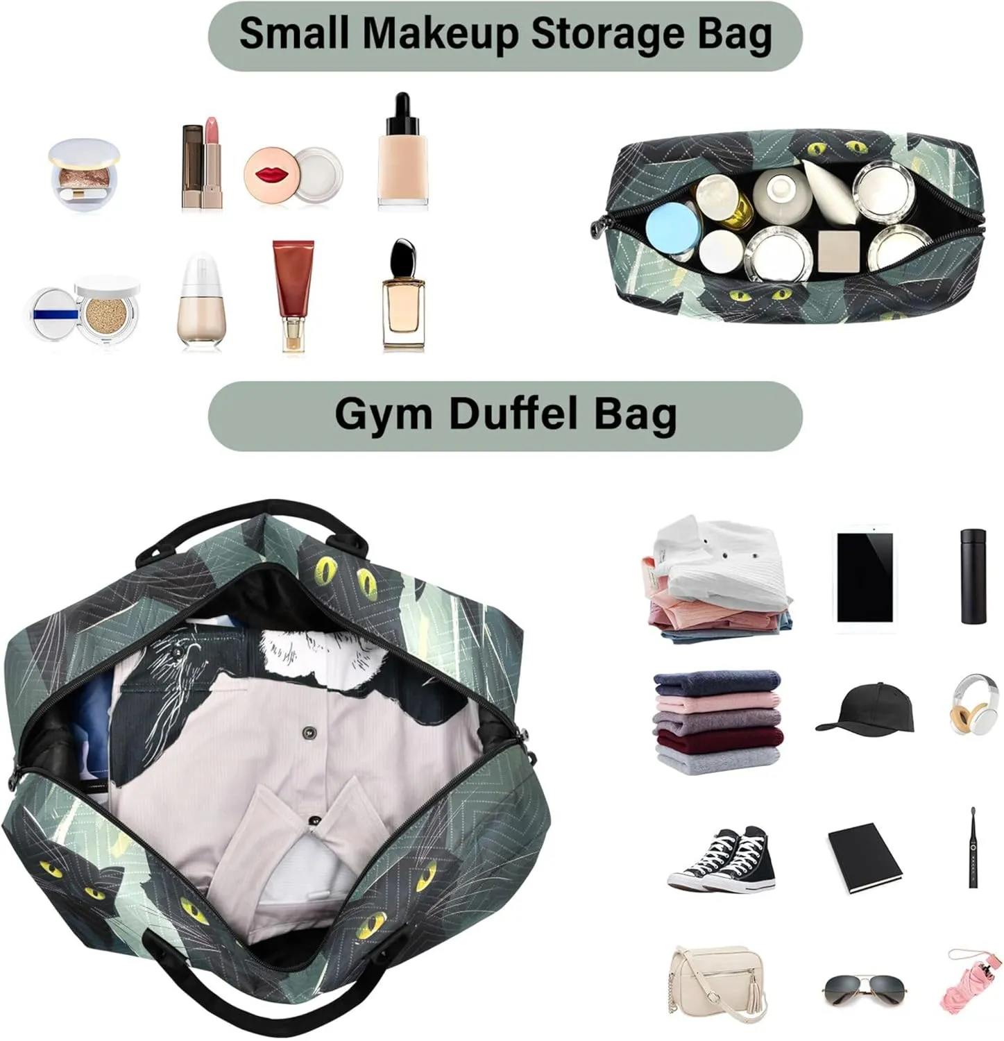 Suspicious Black Cats Duffle Bags Travel Cosmetic Pouch Set of 2, Print Women Sports Bag Overnight Hospital Bag