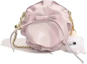 Sweet Bowknot Pleated Cloud Shoulder Bag, Kawaii Bohemia Vegan Leather Round Purse, Women's Chain Hobo Hat Crossbody Bag/2261
