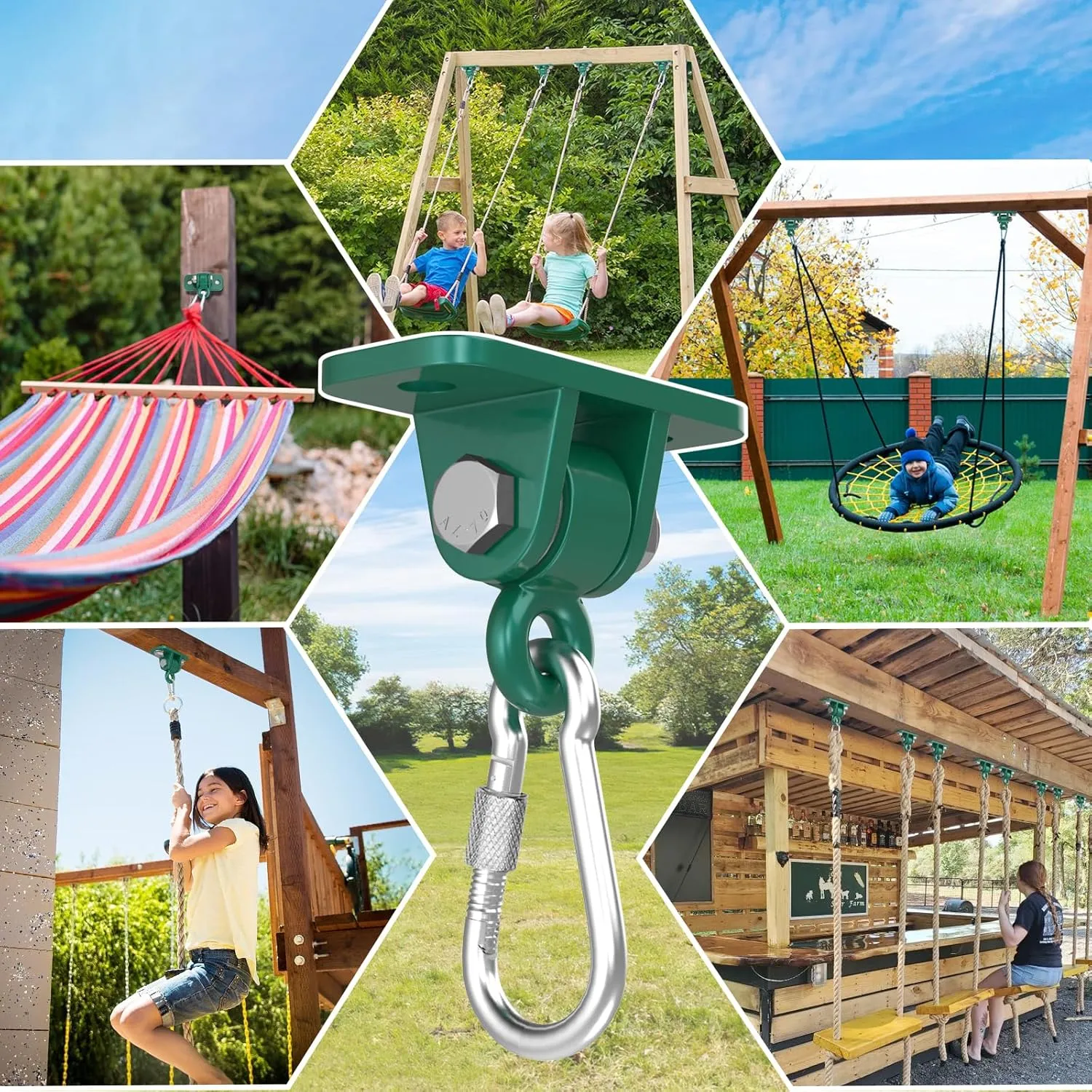 Swing Hangers Magacyo Heavy Duty Porch Swing Hanging Kit Outdoor Indoor Ceiling Patio Playground Tree Yoga Seat Trapeze Swingset Hardware Bracket 4 Set with Mounting Snap Hooks Screws Washers (Green)