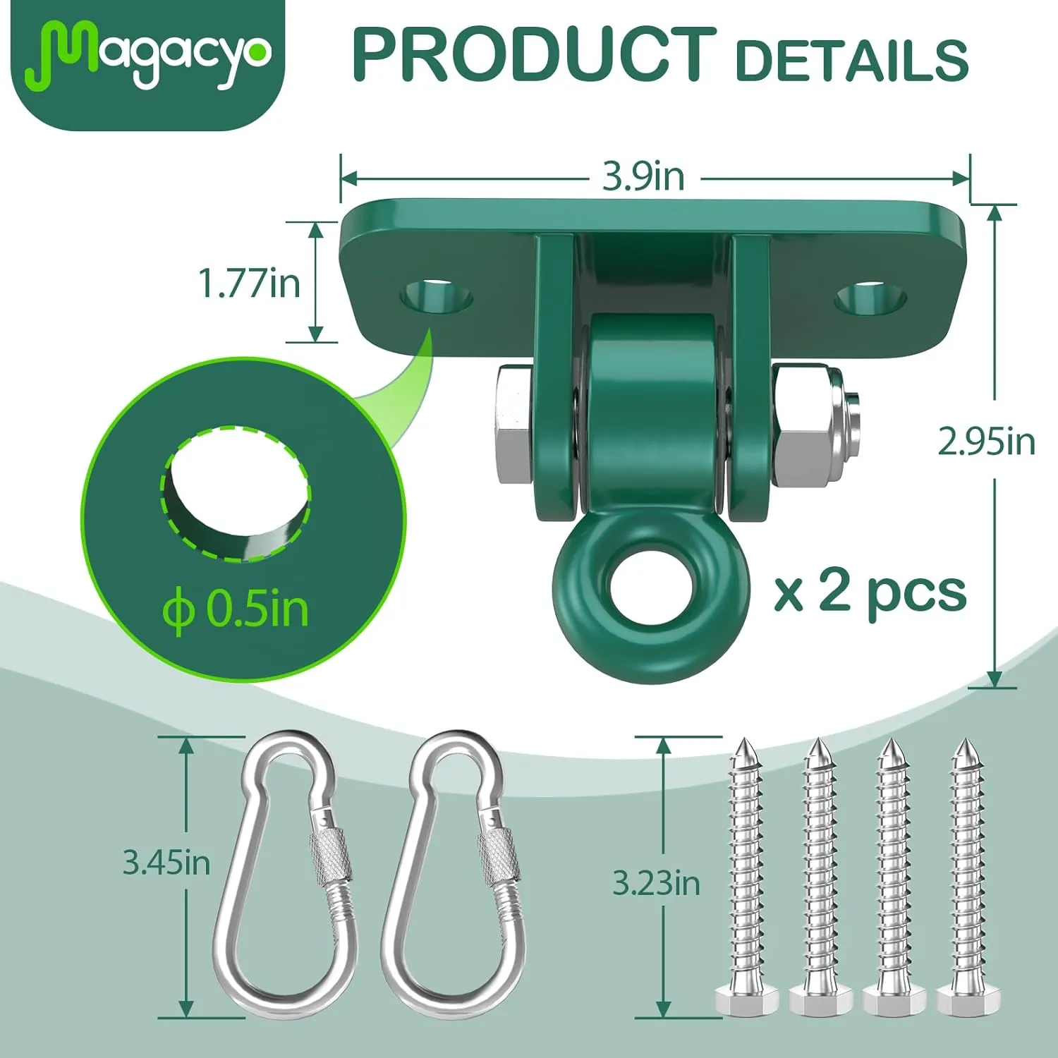 Swing Hangers Magacyo Heavy Duty Porch Swing Hanging Kit Outdoor Indoor Ceiling Patio Playground Tree Yoga Seat Trapeze Swingset Hardware Bracket 4 Set with Mounting Snap Hooks Screws Washers (Green)