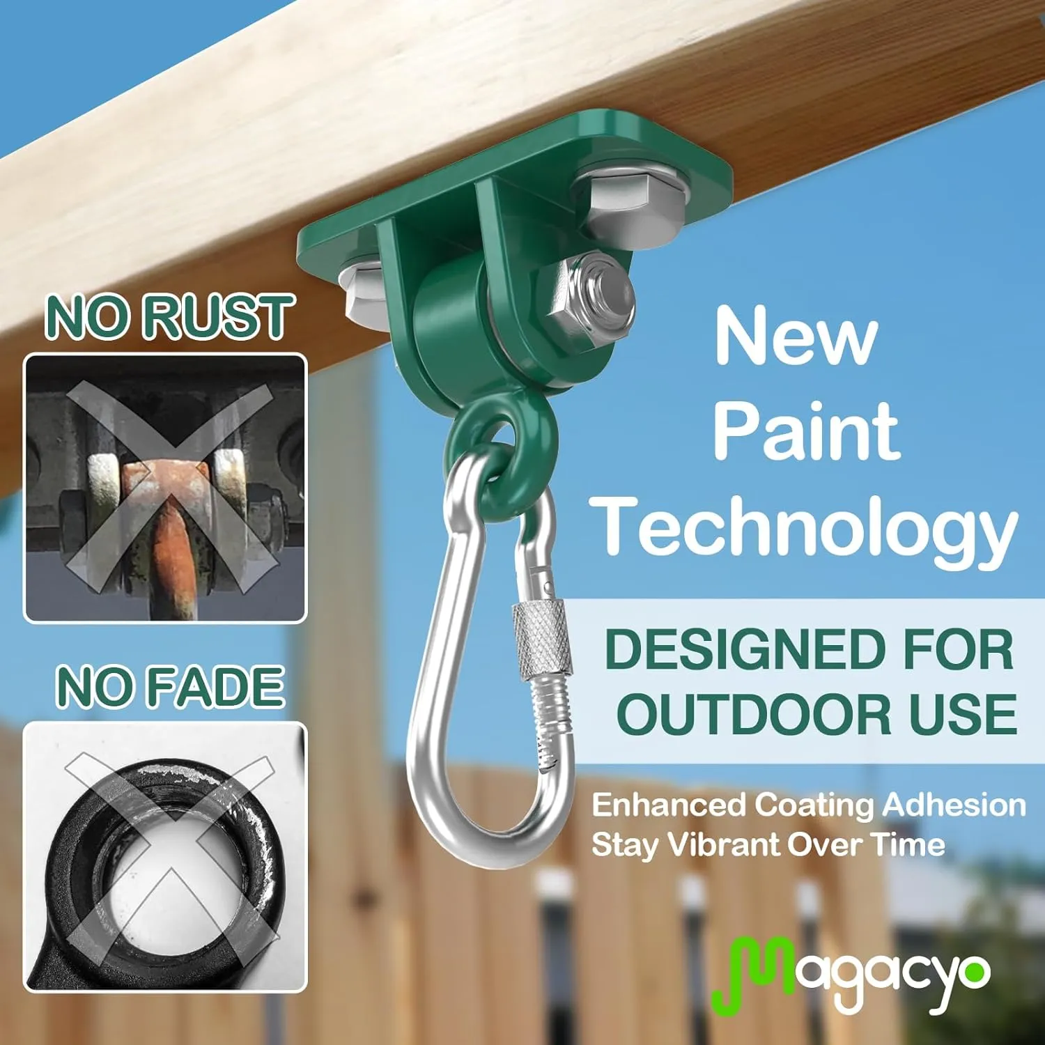 Swing Hangers Magacyo Heavy Duty Porch Swing Hanging Kit Outdoor Indoor Ceiling Patio Playground Tree Yoga Seat Trapeze Swingset Hardware Bracket 4 Set with Mounting Snap Hooks Screws Washers (Green)