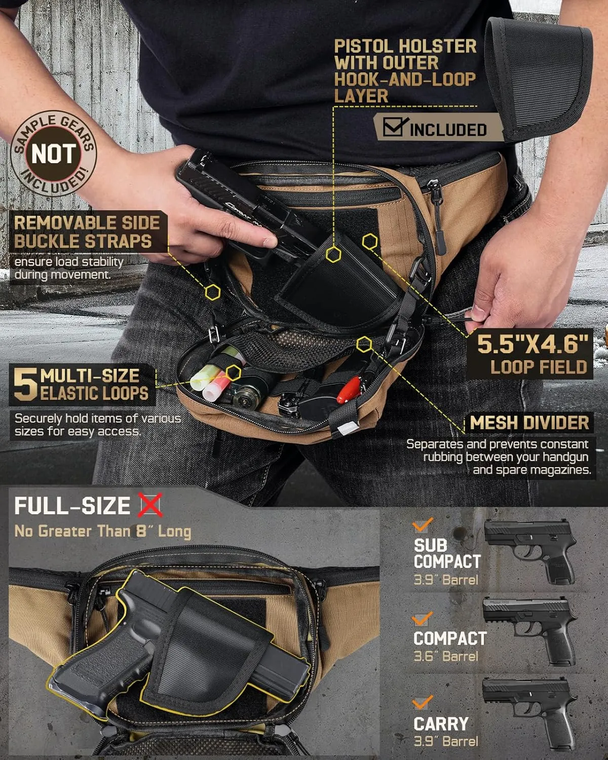 Tactical Concealed Carry Fanny Pack, CCW Fanny Pack, Waist Bag for Men, Hip Bag Compact Belt Bag for Hiking, EDC Waist Pack(Adjustable Up to 60" Waist)
