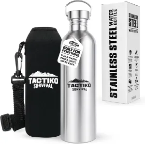 Tactiko 50 oz/1500ml Stainless Steel Water Bottle with Sleeve and Strap – Leakproof, Lightweight, Boil-Safe, BPA-Free, Wide Mouth – Survival, Hiking, Camping, Travel