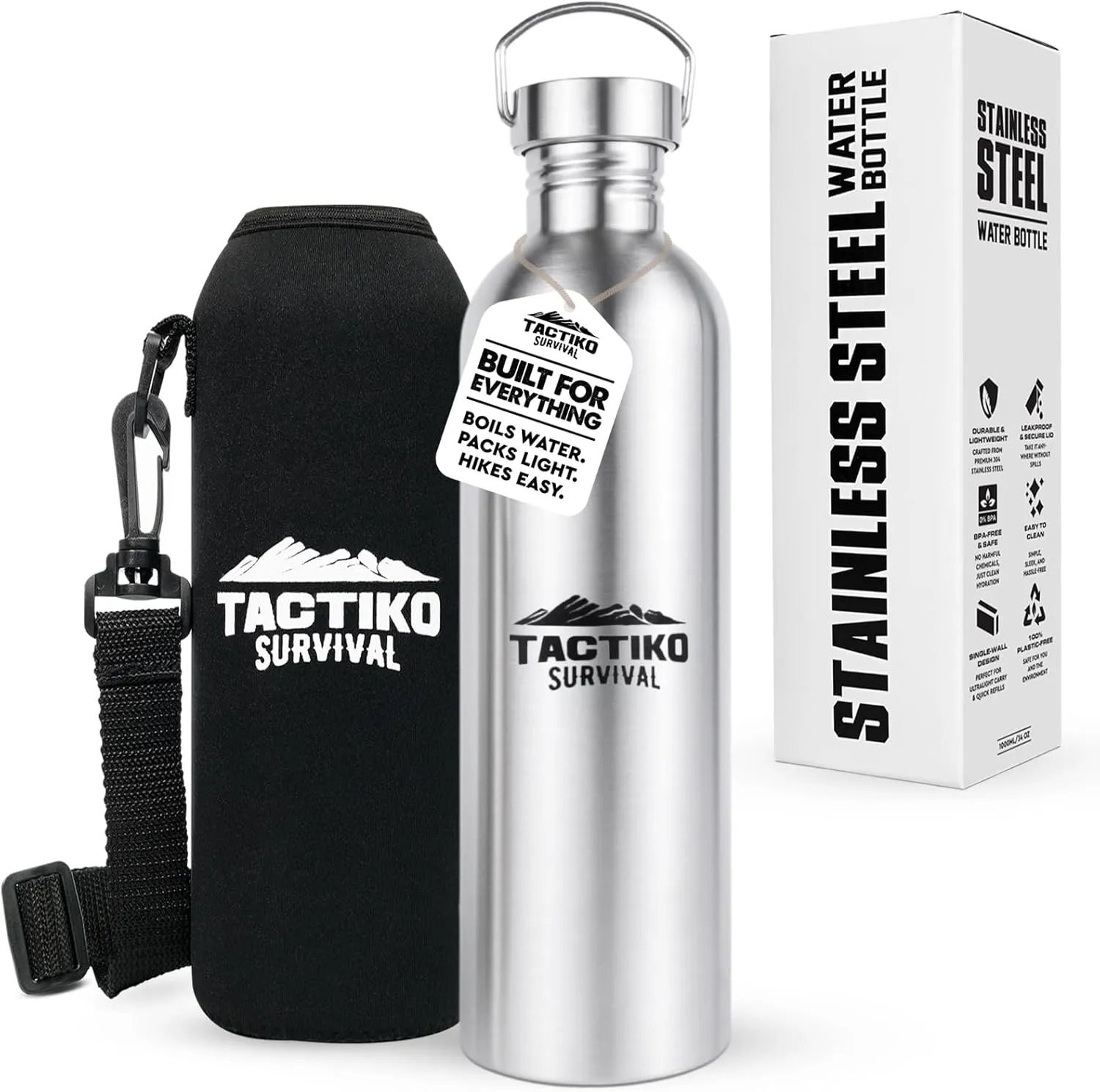 Tactiko 50 oz/1500ml Stainless Steel Water Bottle with Sleeve and Strap – Leakproof, Lightweight, Boil-Safe, BPA-Free, Wide Mouth – Survival, Hiking, Camping, Travel