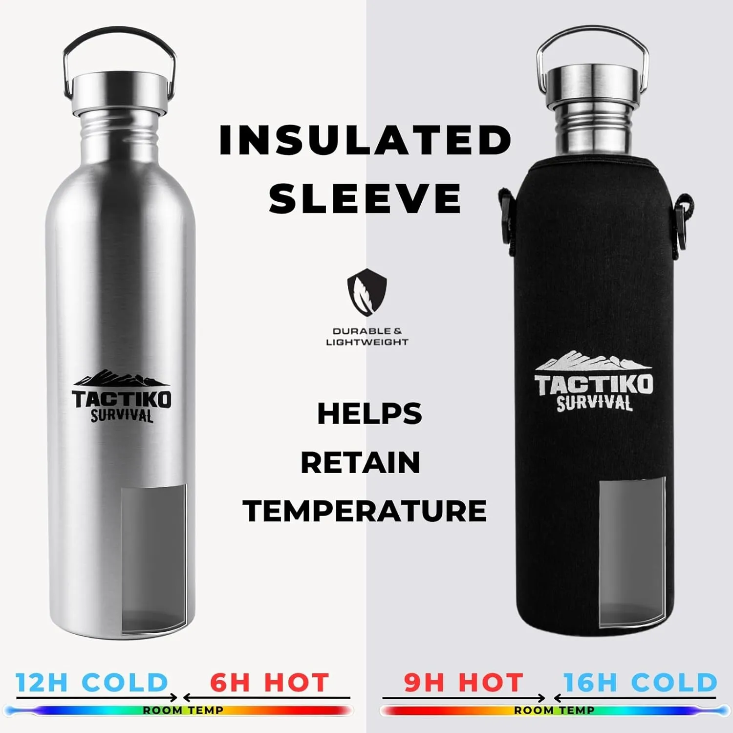 Tactiko 50 oz/1500ml Stainless Steel Water Bottle with Sleeve and Strap – Leakproof, Lightweight, Boil-Safe, BPA-Free, Wide Mouth – Survival, Hiking, Camping, Travel