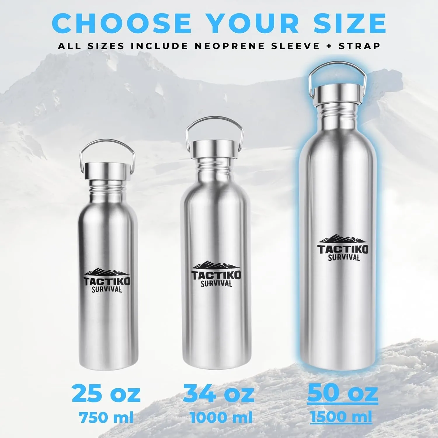 Tactiko 50 oz/1500ml Stainless Steel Water Bottle with Sleeve and Strap – Leakproof, Lightweight, Boil-Safe, BPA-Free, Wide Mouth – Survival, Hiking, Camping, Travel