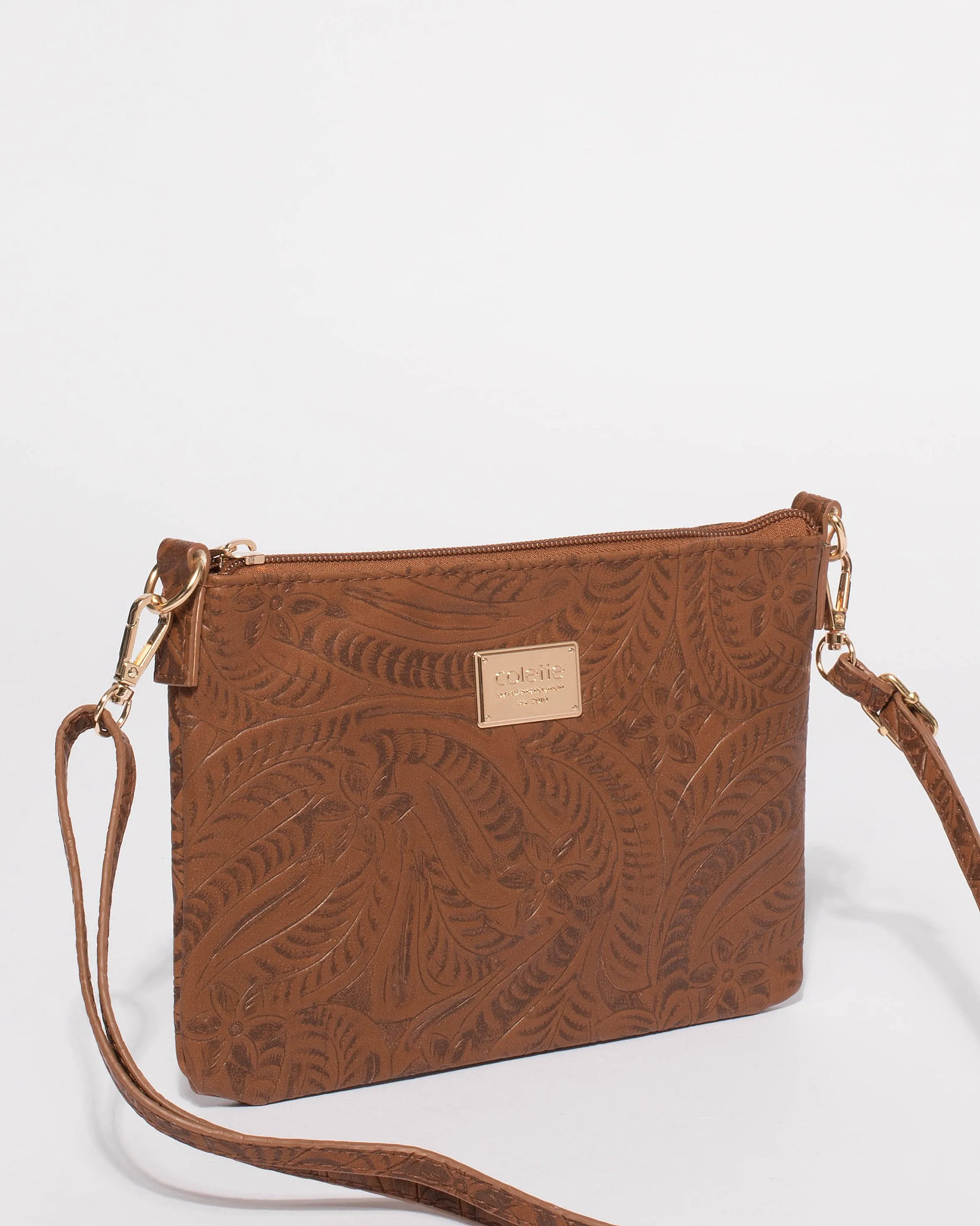 Tan Embossed Peta Crossbody Bag