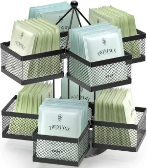 Tea Bag Organizer, Tea Bag Storage Holder Spinning Carousel 96 Teabags Container, Lazy Susan Coffee Creamer Sweetener Tea Caddy for Kitchen Counter Cabinet Pantry Shelf Organizer