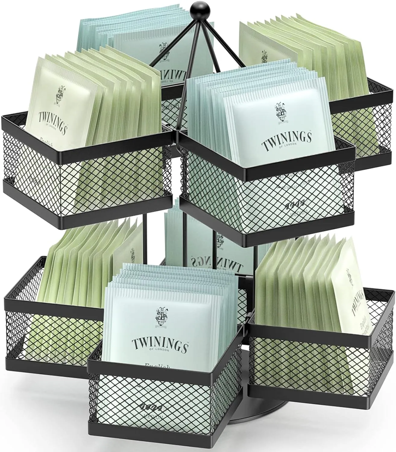 Tea Bag Organizer, Tea Bag Storage Holder Spinning Carousel 96 Teabags Container, Lazy Susan Coffee Creamer Sweetener Tea Caddy for Kitchen Counter Cabinet Pantry Shelf Organizer