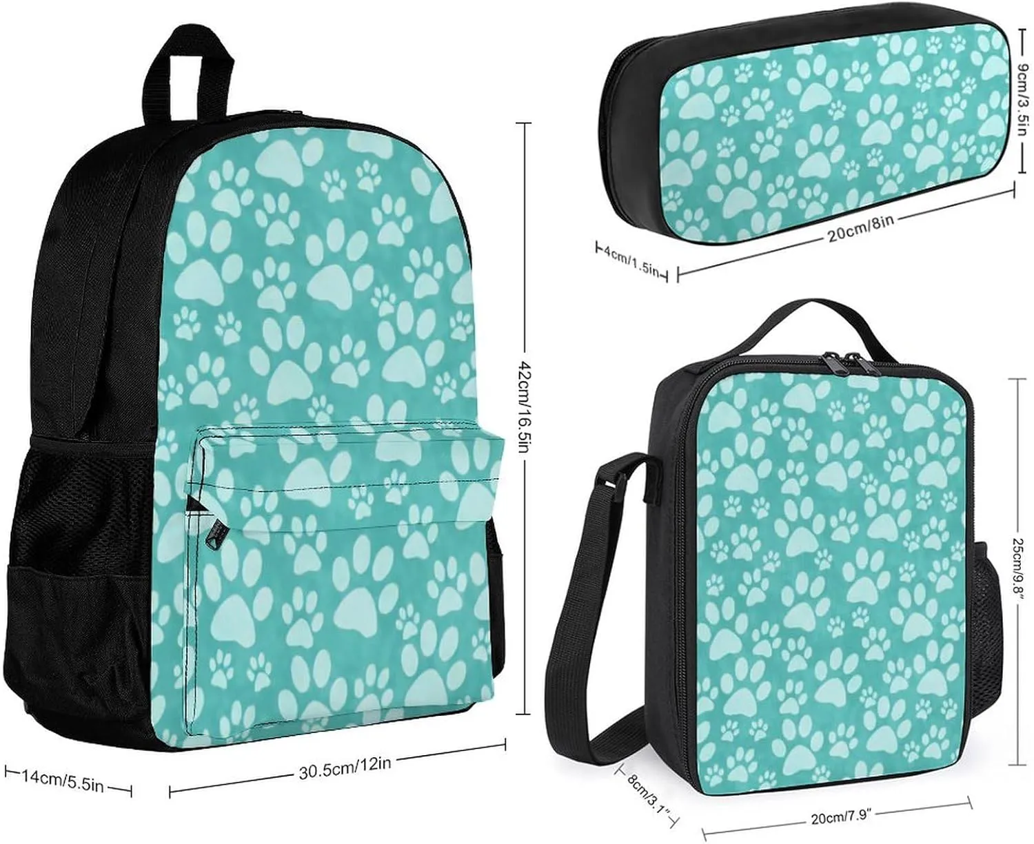 Teal Dog Paw Prin Lightweight Pocket Backpack Crossbody Lunch Bag Set Unisex