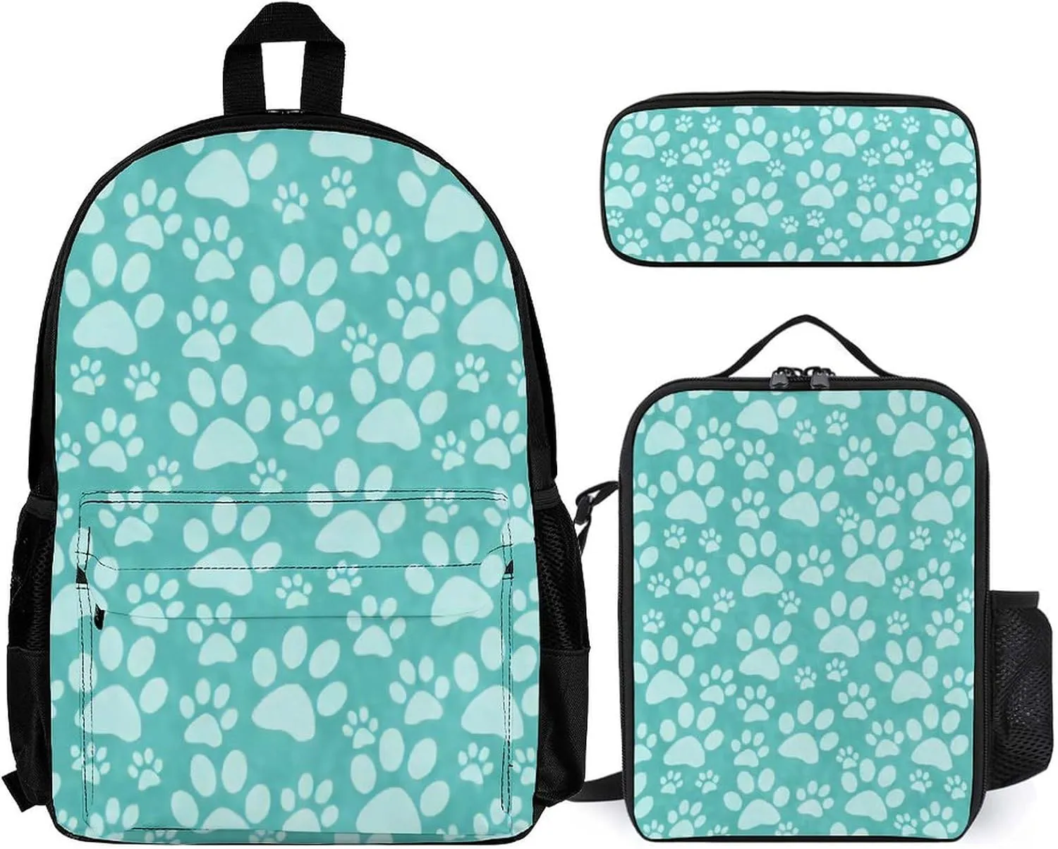 Teal Dog Paw Prin Lightweight Pocket Backpack Crossbody Lunch Bag Set Unisex