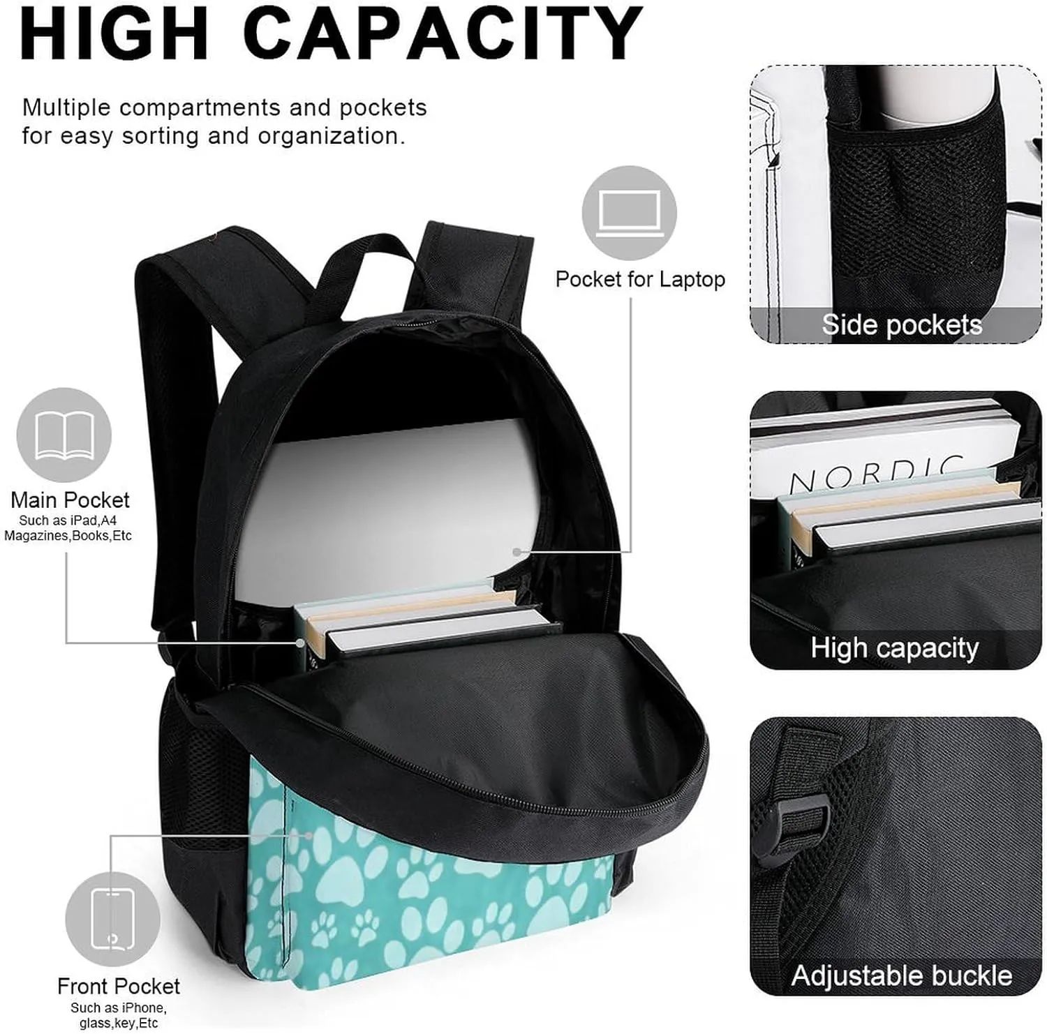 Teal Dog Paw Prin Lightweight Pocket Backpack Crossbody Lunch Bag Set Unisex
