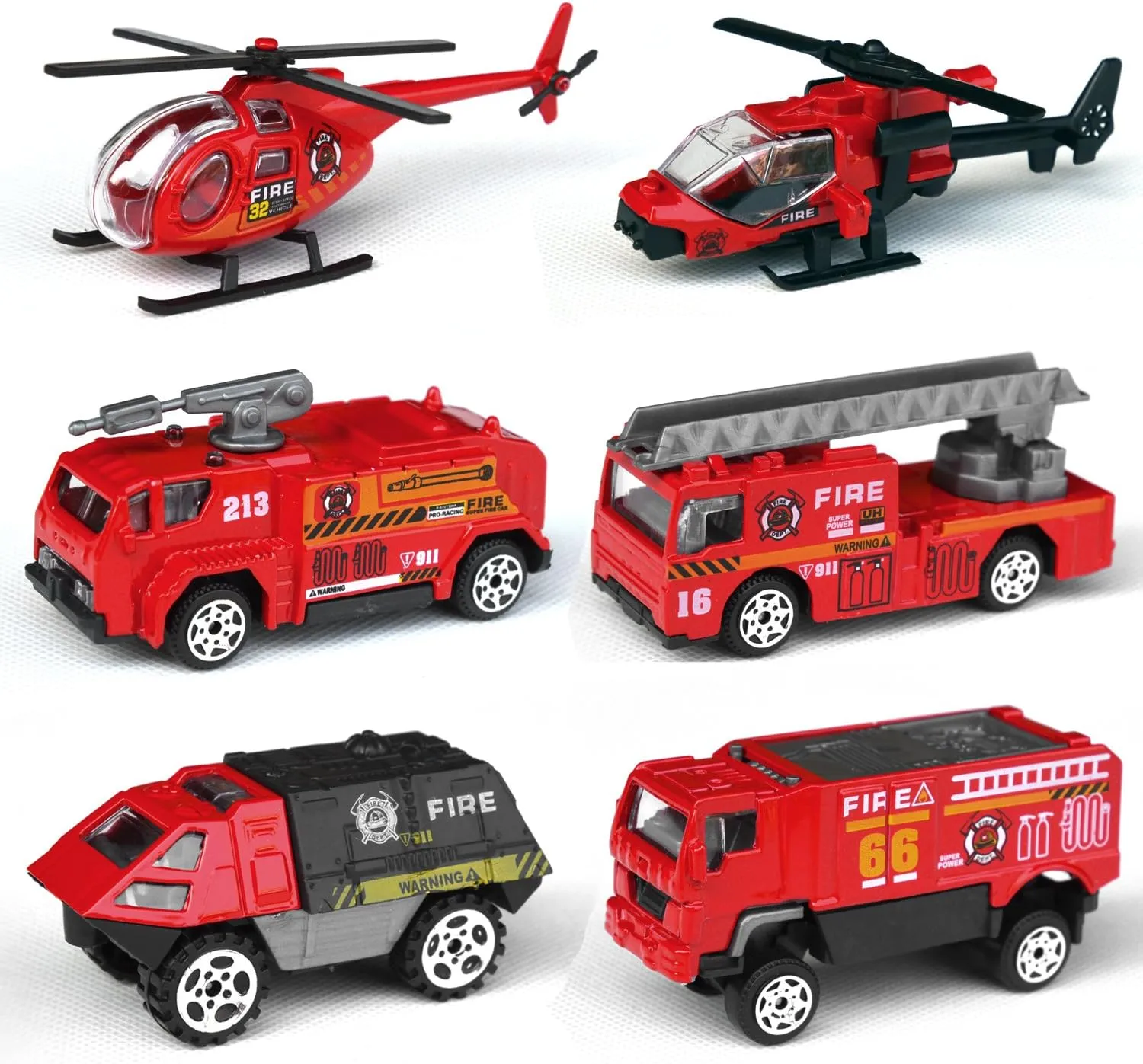 Tianmei 6 Cars in 1 Set Fire Rescue Styling 1:87 Alloy Diecast Vehicle Models Collection Kids Toy, Fire Truck Helicopter Ambulance Car (6pieces - Fire Fighting)