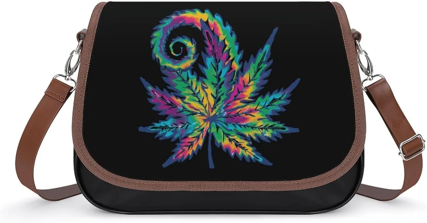 Tie Dye Pot Leaf Weeds Women's Crossbody Bag Leather Tote Bag Shoulder Bag Handbag for Office Travel