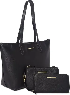 Time and Tru Women's Faux Leather Vegan 3-Piece Handbag Set Tote, Wristlet and Wallet (Black Pebble)